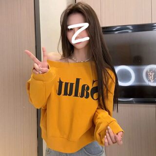 2025 Early Autumn Korean Style Loose Slimming Versatile Casual Fashionable Long Sleeve Off-Shoulder Asymmetrical Neck Printed Sweatshirt for Women