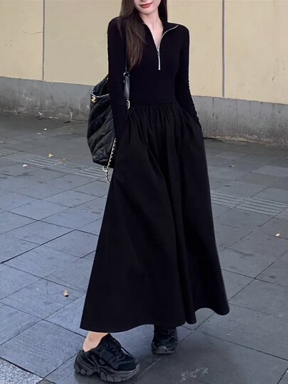 2025 New Hepburn-Style French High-End Long-Sleeved Knitted Spring and Autumn Slim-Fit Waist-Cinching Black Dress for Women