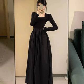 2026 Autumn/Winter Black Square Neck Patchwork Hepburn Style Skirt Set Women's Dress High-End Petite Long Dress