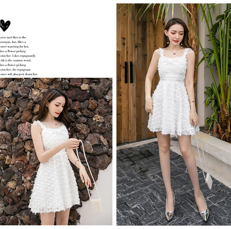 VK旗艦店 韓國風名媛立體流蘇一字領細肩帶無袖洋裝
