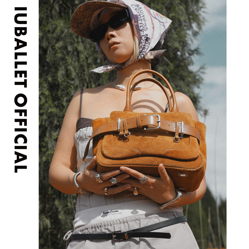 Iuballet 2026 New Suede Boston Bag Women's Genuine Leather Handbag Designer Style Shoulder Crossbody Bag