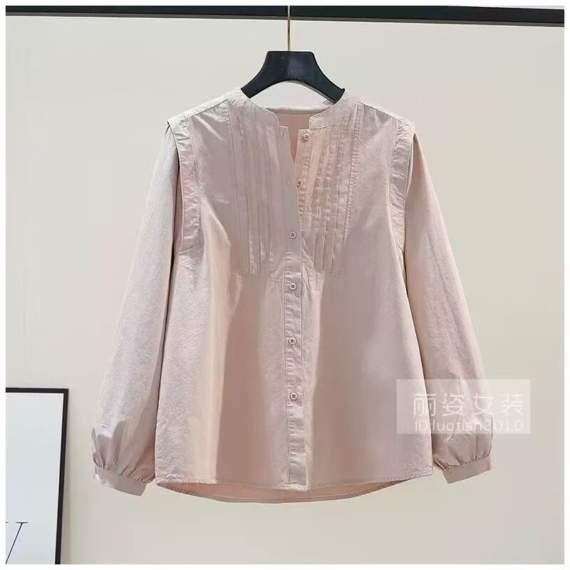 Designed with a Unique Shoulder Puff Sleeve, Pure Cotton Shirt for Women, 2026 Autumn New Style, Round Neck, Loose Fit, Pleated, Versatile Shirt, Trendy