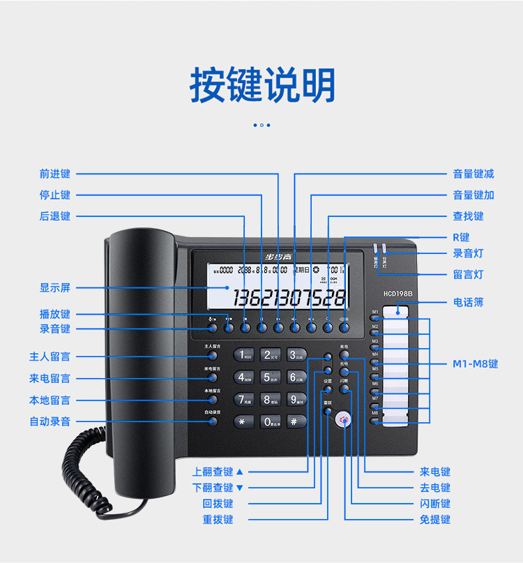 Проводной и DECT-телефон 步步高录音电话机座机办公商务家用hcd198b有线自动录音内存卡16g BBK