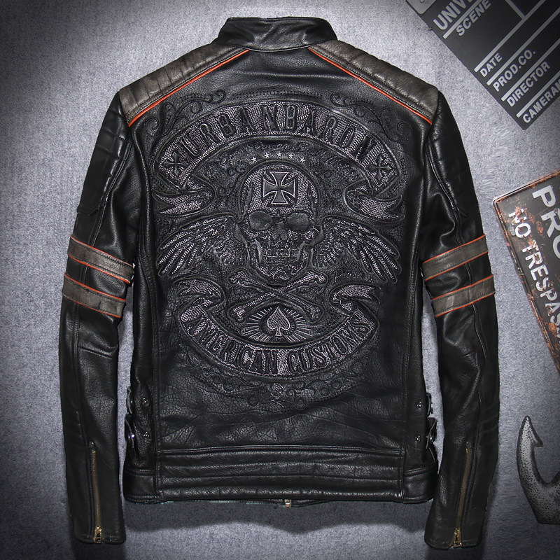 Men's clothing Halle genuine leather leather clothes men's body upfront locomotive clothes headcoat Bull Leather Jacket Skull Embroidered short jacket