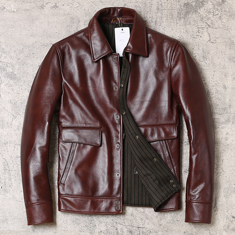 Fall Men's Leather Leather Clothing Wax Dyeing Head Layer Bull Leather Collar Single Row Buttoned short Casual Leather Jacket Sashimi Jacket