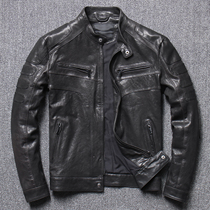 Mens Tanning Head Layer Sheepskin Leather Leather Slim Short Stand Collar Slim Locomotive Leather Jacket Fashion Jacket