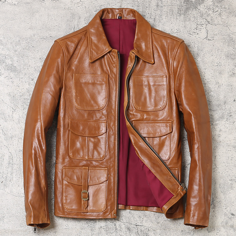2021 real leather jacket men's oil wax top layer cowhide motorcycle hunting leather jacket multi-pocket short lapel jacket