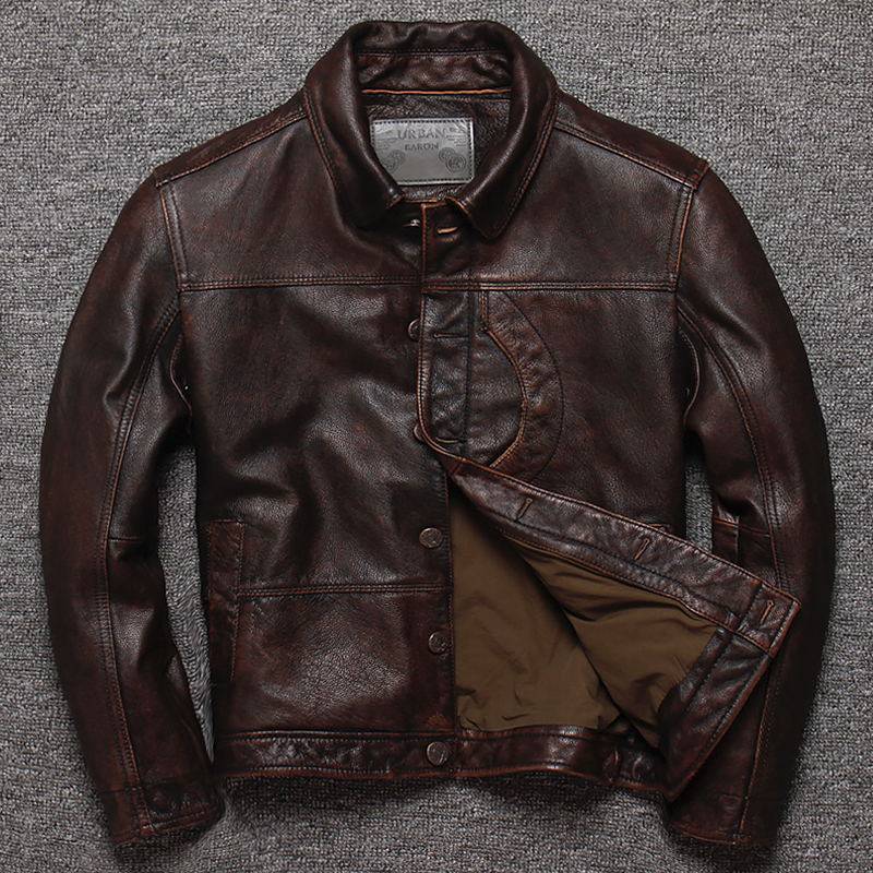 Genuine Leather Jacket Men's First Layer Cowhide Slim Fit Lapel Casual Leather Jacket Single Breasted Retro Distressed Men's Jacket