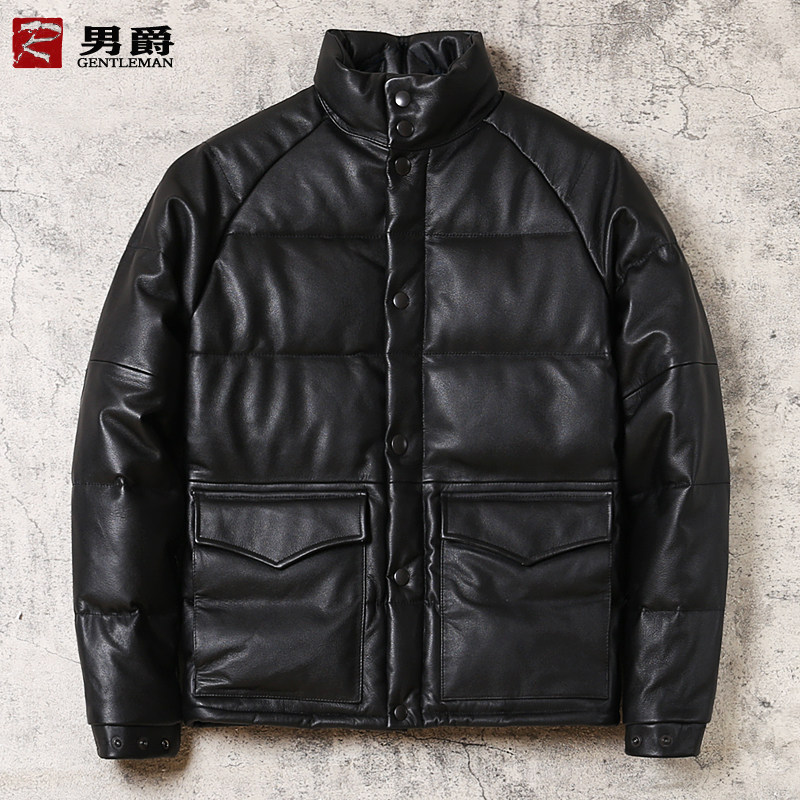 Men's Hong Kong Aberdeen Winter Leather Down Jacket First Layer Leather Thickened Cotton Leather Jacket Motorcycle Stand Collar White Duck Down Jacket