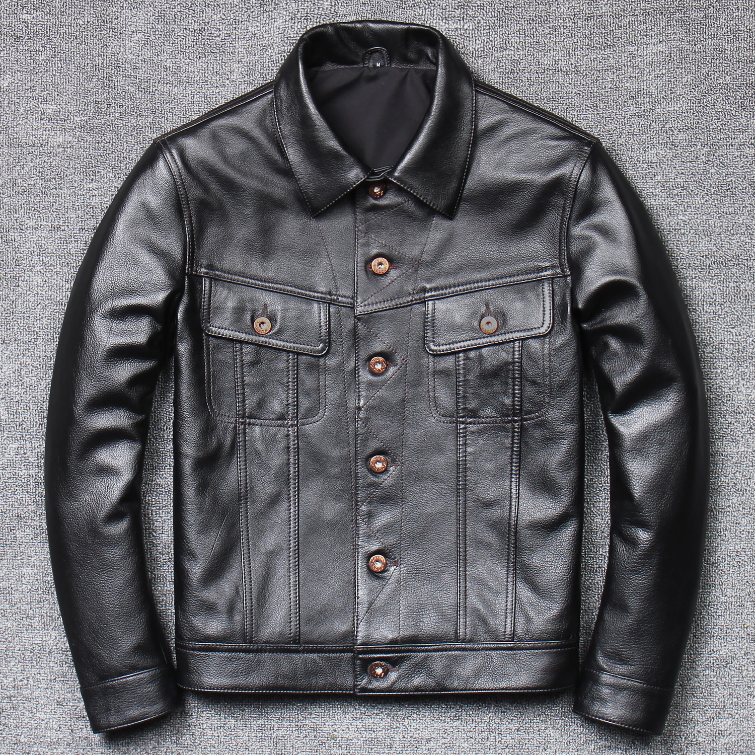 First layer cowhide denim street Fox motorcycle leather jacket leather men's short lapel leather jacket men's jacket tide