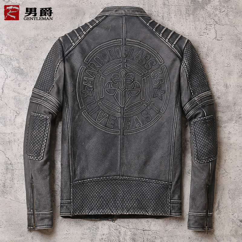 Leather leather men's vintage old Harley locomotive clothing thick top layer cowhide Korean version of stand collar slim jacket