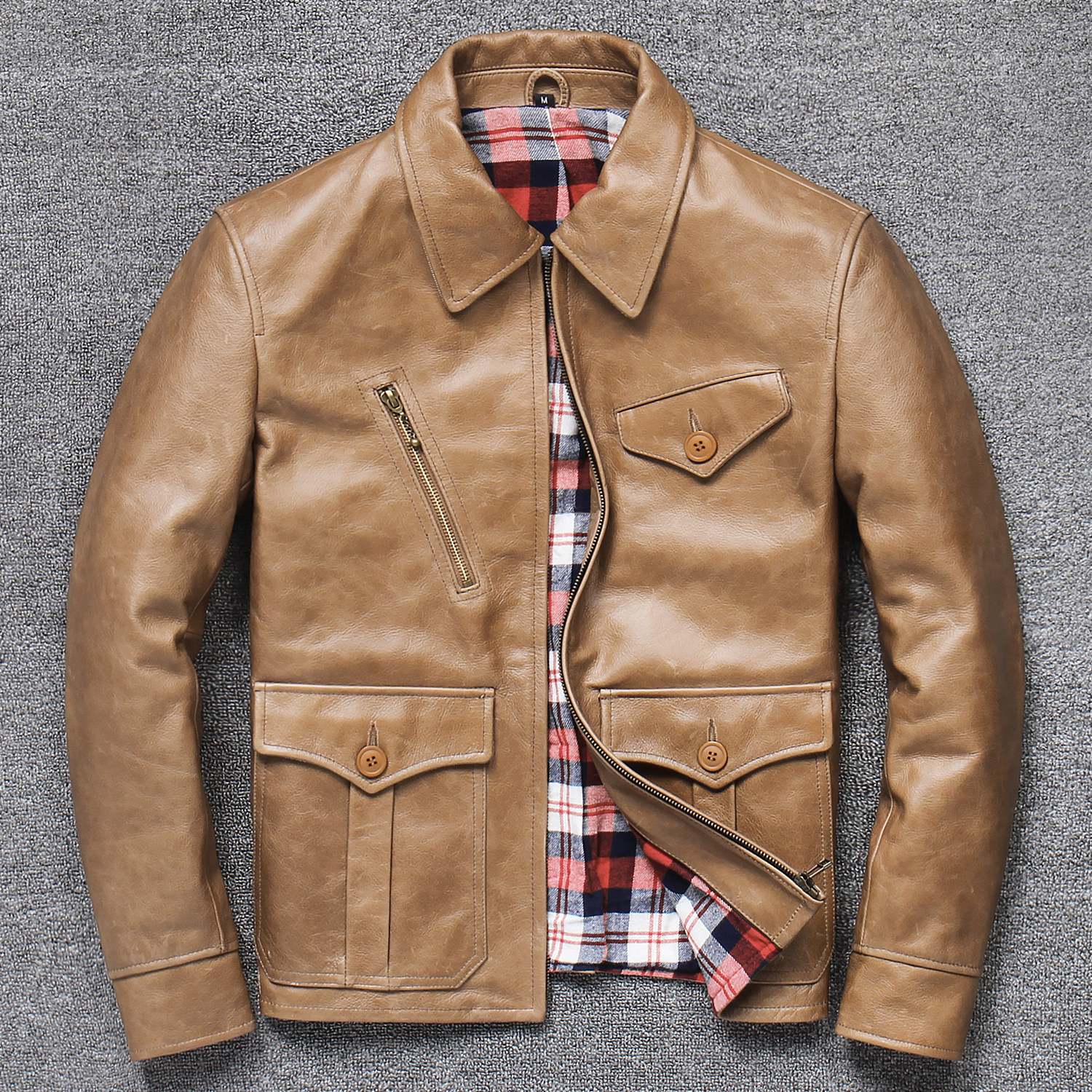 Pakistan Imports Batik Head Layer Yellow Cow Leather Leather Leather Clothing Men Short tooling leather jacket turnock jacket