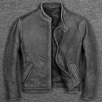 Retro worn leather leather jacket short stand collar locomotive leather jacket head layer cowhide casual men's coat