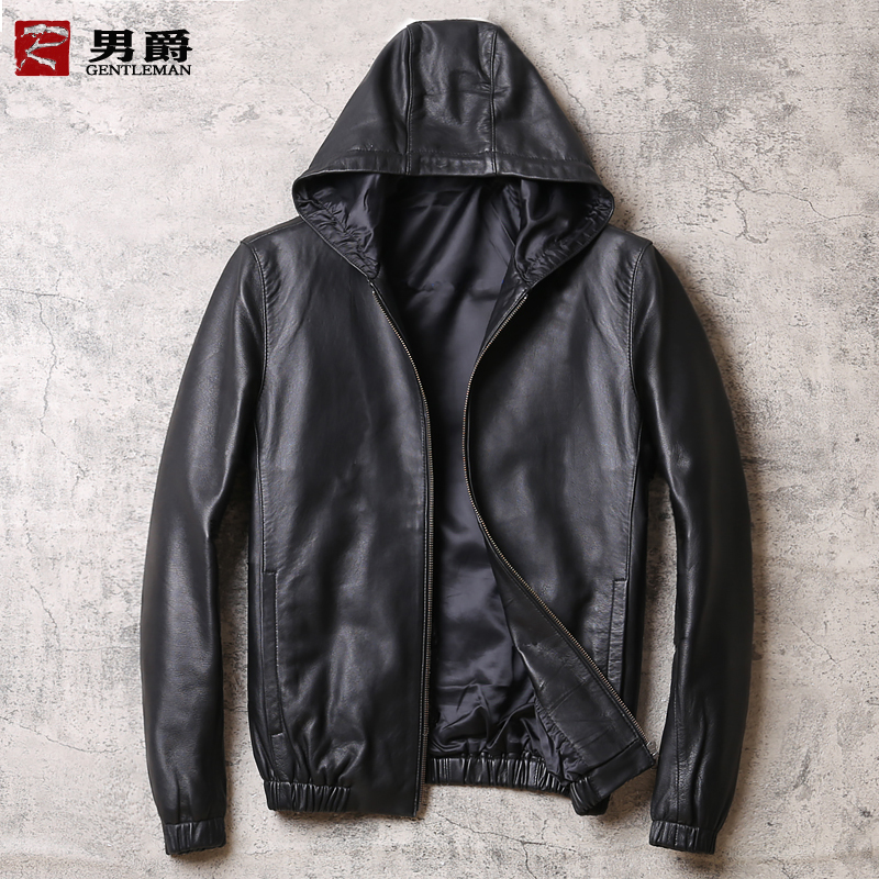 Haining new leather leather men's imported sheepskin single hooded leather jacket Han Fan slim large size jacket