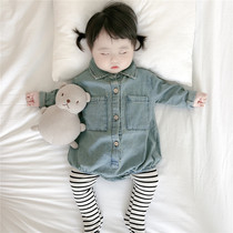 Korean baby spring and autumn cowboy clothes 369 months old male and female baby 012 years old sleeve and clothes crawl