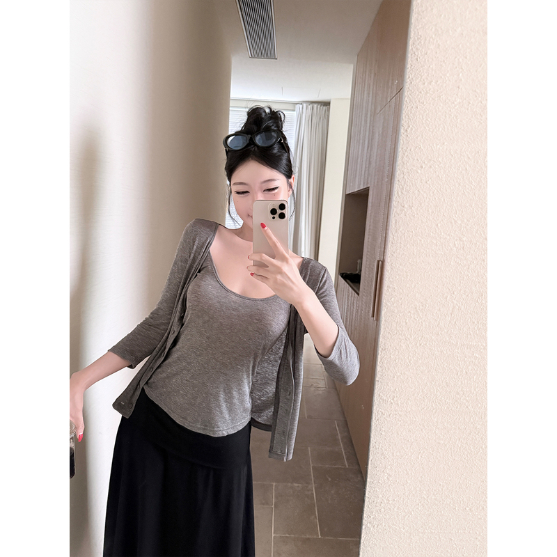 Laareetoo Lyocell Wool Three-Color Long-Sleeved Cardigan Women's Summer Camisole Top Two-Piece Set