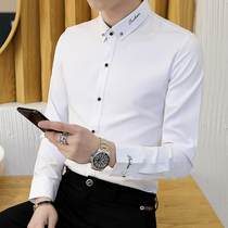 Hong Kong Chauded Korean version pure colour long sleeve shirt mens body business casual shirt male embroidery free of hot and upscale
