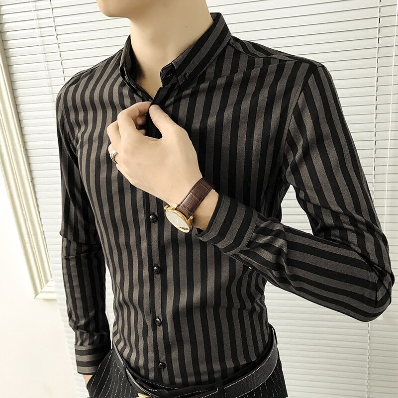 Korean Version Vertical Stripe Long Sleeve Shirt Male Casual Sashimi Shirt Trendy Short Sleeve Plus Suede Half Sleeve Business Positive Dress Blouse
