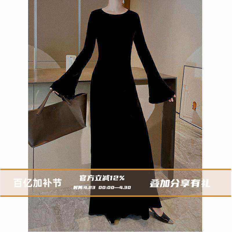 French-Style Design, Elegant Black Bias-Cut Silk Mulberry Velvet Goddess Flared Long-Sleeve Slimming Dress L3731