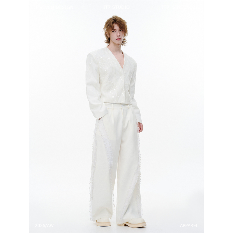 It7'Silver Edge Moon Crossing' Unisex Wide-Leg Pants for Men, White Loose Straight Casual Pants with Beading, Relaxed Fit Long Pants