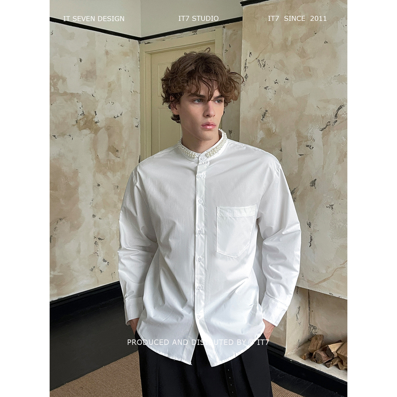 It7【Pearl Coast】Stand Collar Hand-Stitched Pearl Niche Design Casual Shirt Top