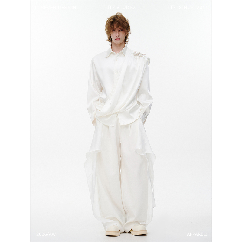 It7'Structural Offset' Neutral Style White Shirt with Ribbon Design Long-Sleeve Casual Shirt Men's Loose Top It7'Structural Offset' Neutral Style White Shirt with Ribbon Design Long-Sleeve Casual Shirt Men's Loose Top