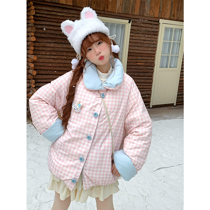 Sweet Girly Style Reversible Plaid down Cotton Jacket for Women, Winter Loose Thickened Warm Cotton Coat, Puffer Jacket Sweet Girly Style Reversible Plaid down Cotton Jacket for Women, Winter Loose Thickened Warm Cotton Coat, Puffer Jacket