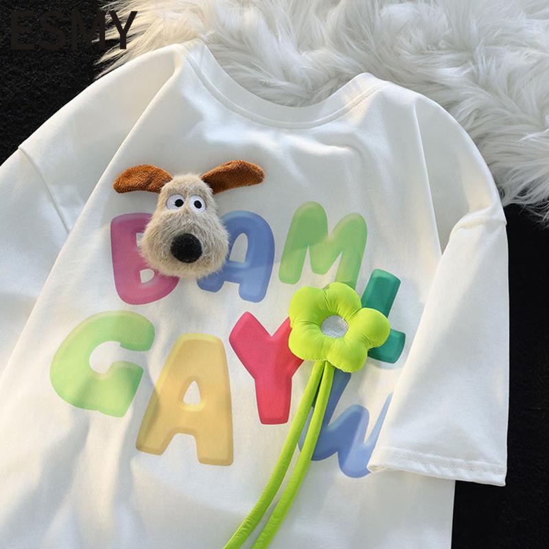 Design-Conscious, Niche, Cute Dog-Themed 3D Flower Short-Sleeve T-Shirt for Women, Loose and Casual, Versatile White Top for Summer