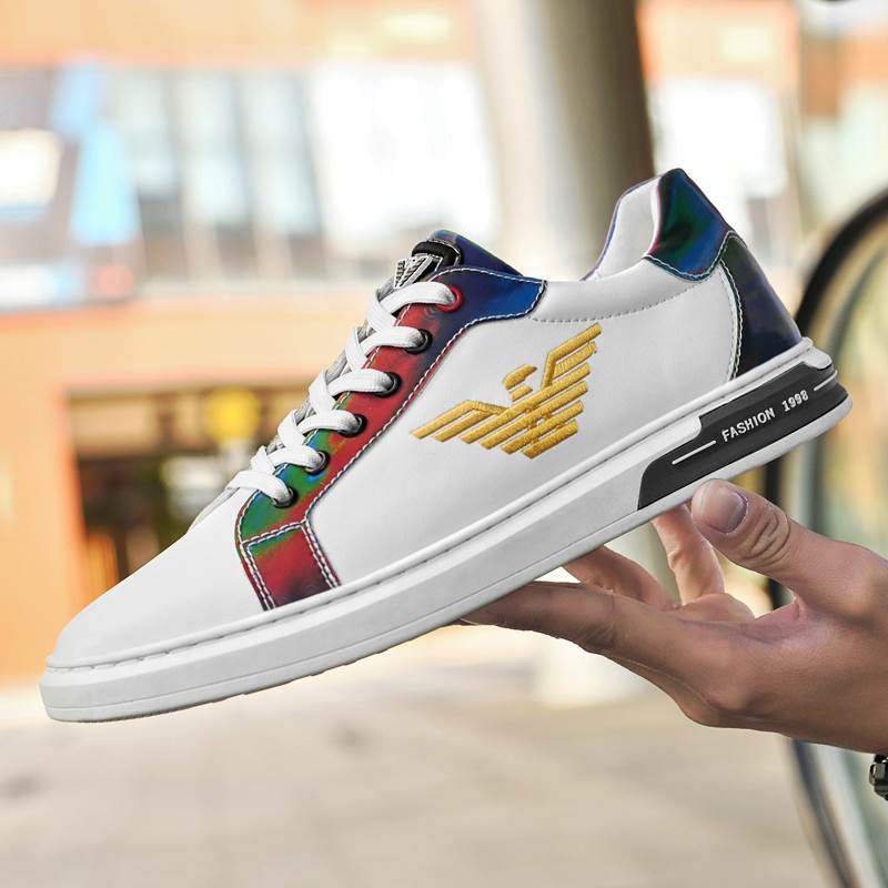 Small white shoes men's 2022 new autumn and winter printed leather leather casual fashion leather white youth lace-up sneakers