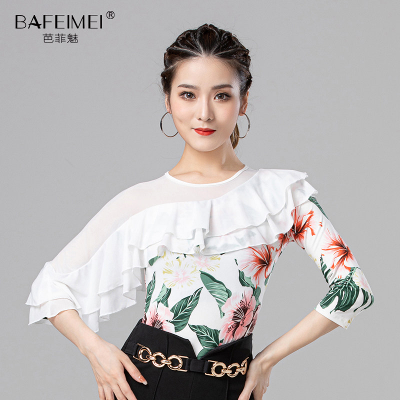 Buffy Charm's new Latin dance top national standard dance training suit modern dance waltz long-sleeved ruffle jumpsuit