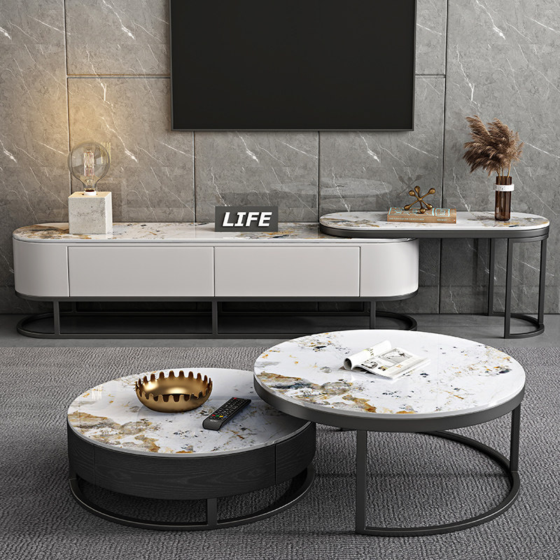 Light extravagant face rock plate tea table TV cabinet Composition Small family Serie style minimalist modern minimalist round telescopic lockers