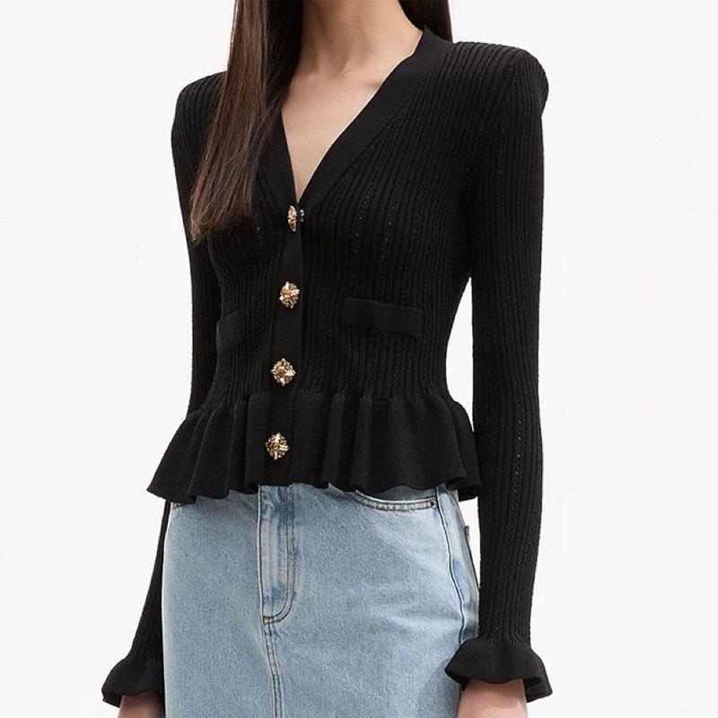 French-Style Elegant New V-Neck Knitwear, Long-Sleeved Hollow-Out Sweater with Metal Buttons and Ruffled Edges French-Style Elegant New V-Neck Knitwear, Long-Sleeved Hollow-Out Sweater with Metal Buttons and Ruffled Edges