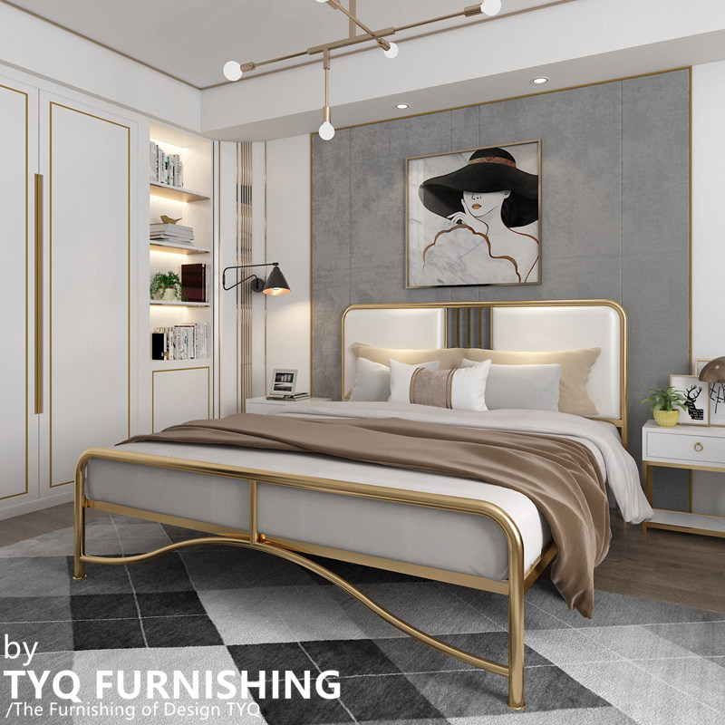 Modern wrought iron bed iron bed 1.8m steel frame bed Nordic single bed simple gold apartment double bed 1.5m