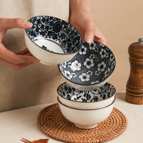 日式青花创意家用米饭碗陶瓷碗4个装(花色随机）