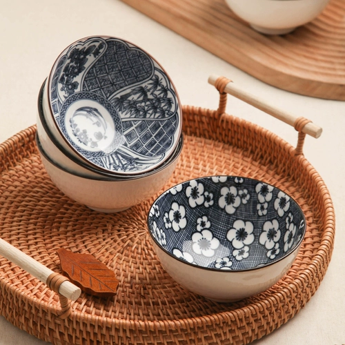 日式青花创意家用米饭碗陶瓷碗4个装(花色随机）