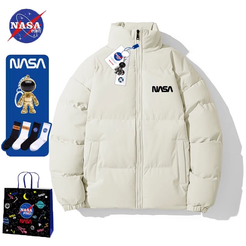 Nasa Co-Branded Trendy down Jacket for Men, Loose Fit, Large Size, Winter Coat for Women, Casual Stand-Up Collar, Thickened Cotton Clothing