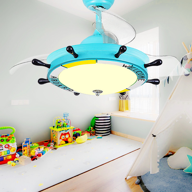 Children House Ceiling Fan Lights Cartoon Boat Rudder Invisible Flabellum Electric Fan Chandelia Remote to turn light LED male girl ceiling fan lamp