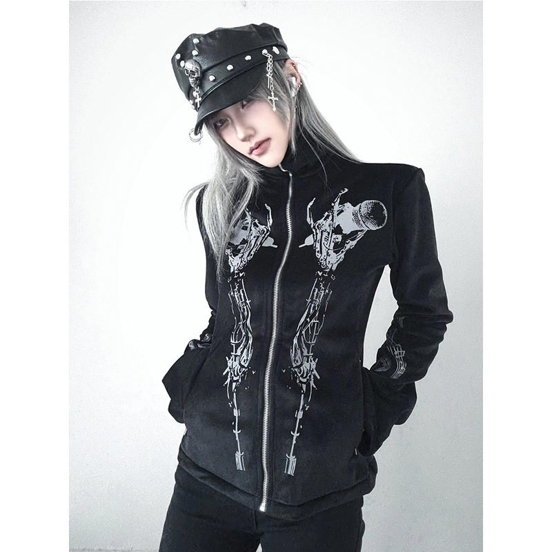 Victory Goddess Horn Skull Singer Note Print Stand Collar Velvet Jacket Unisex Subculture Y3K Slim Fit Trendy Victory Goddess Horn Skull Singer Note Print Stand Collar Velvet Jacket Unisex Subculture Y3K Slim Fit Trendy