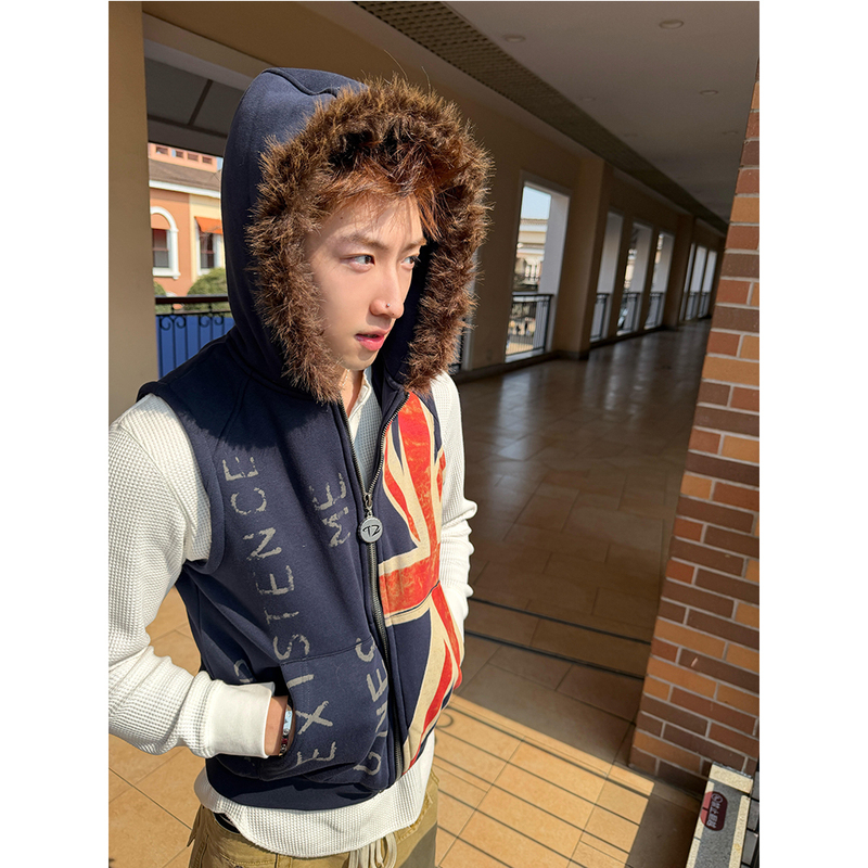 Raw Edge Hooded Printed Vest Zipper Cardigan Vintage Sleeveless American Style Distressed Vest Jacket Unisex Trendy Brand