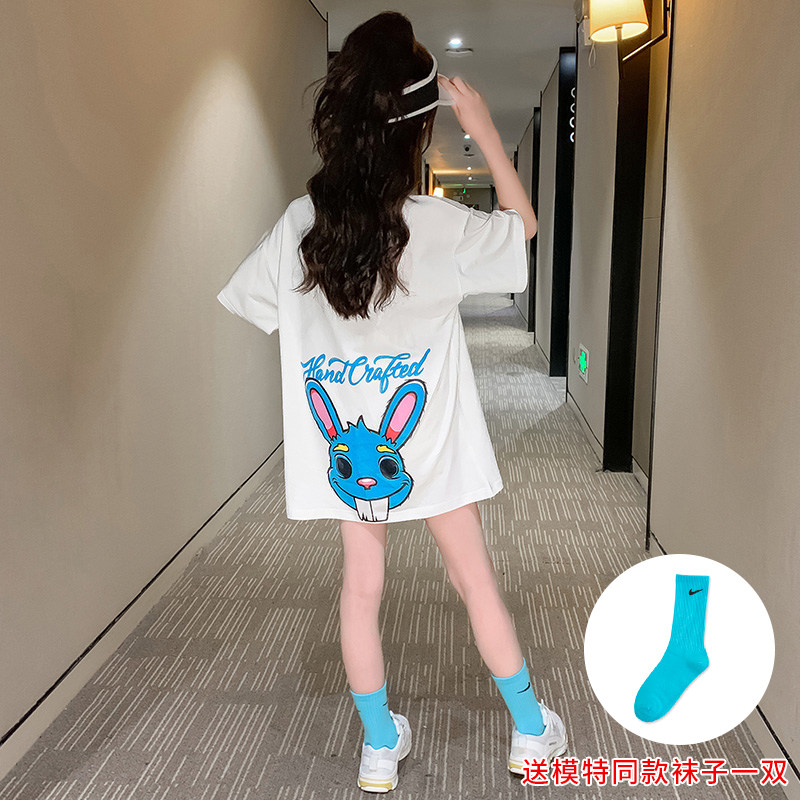 Korean Version Loose Net Red Cartoon T-shirt Girl Blouse 2020 Summer Short Sleeve Mid-Length pro Daughter Dress T Skirt Ice Porcelain Cotton