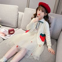 Girls Strawberry Dress 2020 New Autumn net Red Air Princess Dress Girl Knitted Cardigan Set Skirt