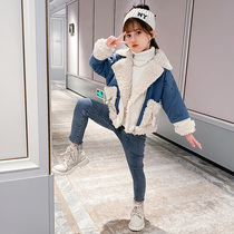 Girls coat autumn winter clothing 2020 new foreign style fake two pieces Net red fur children thick warm denim coat