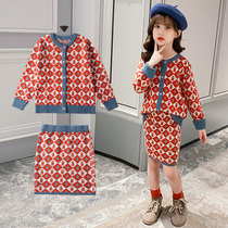 Girls Net red knitted suit skirt foreign atmosphere in the big children autumn dress Diamond cardigan sweater coat childrens dress