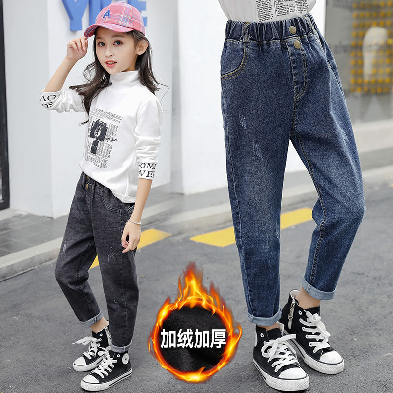 Girls ' jeans plus velvet dad pants Children's suit wear one-piece velvet pants 6 large children's winter clothes 8 Foreign pants