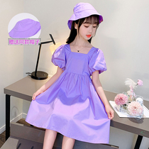 Girls Dress Large Size Cotton Dress Bubble Sleeve Childrens Skirt Summer Girl Purple Collar Princess Dress