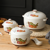 Japanese retro ceramic water-proof double-ear stew pot with lid household soup pot high temperature resistant chicken soup health soup birds nest