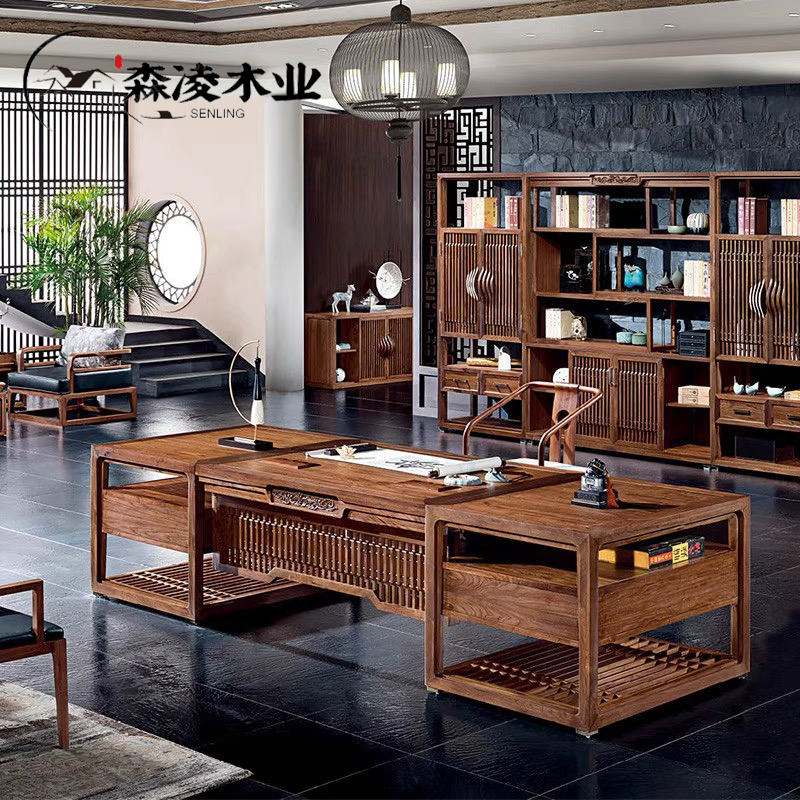 New Chinese desk solid wood Boss table and chairs Combined modern minimalist Grand Bandai Atmosphere President's Office
