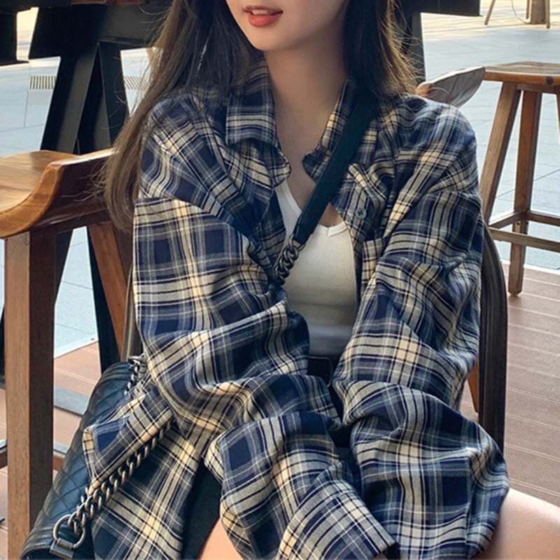 Miaonna Spring and Autumn New Hong Kong Style Retro Plaid Shirt Women's Chic Top Jacket Women's Shirt Outerwear