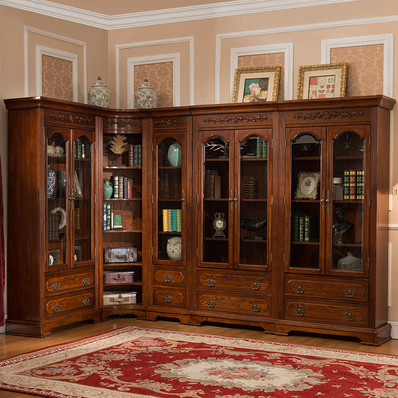 American Solid Wood Bookcabinet Combined with glass door bookcase European household locker against wall corner dust resistance bookshelf