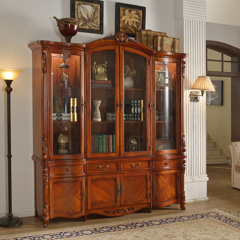 American-style solid wood bookcase combination European-style study furniture bookcase four doors Multifunctional storage cabinet display cabinet
